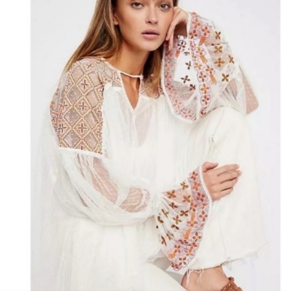 Free People Joyride White Embroidered Lace Blouse Top